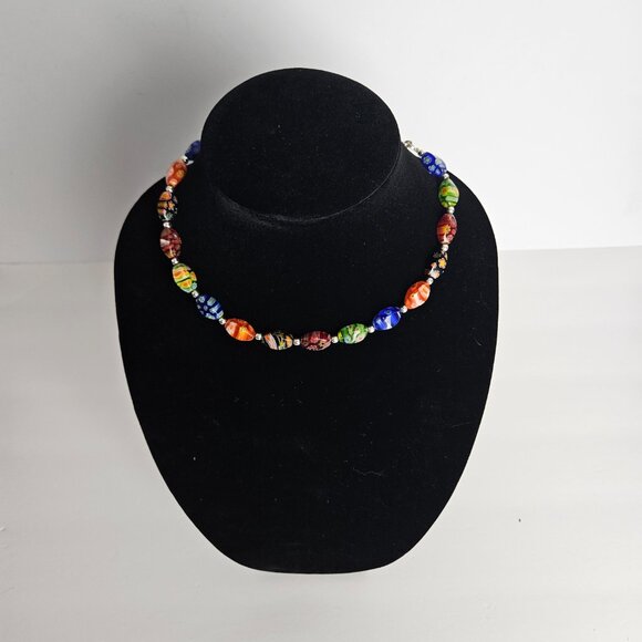 Millefiori Style Art Glass Bead Necklace Venetian Style Murano Inspired 14-16" - Picture 3 of 11